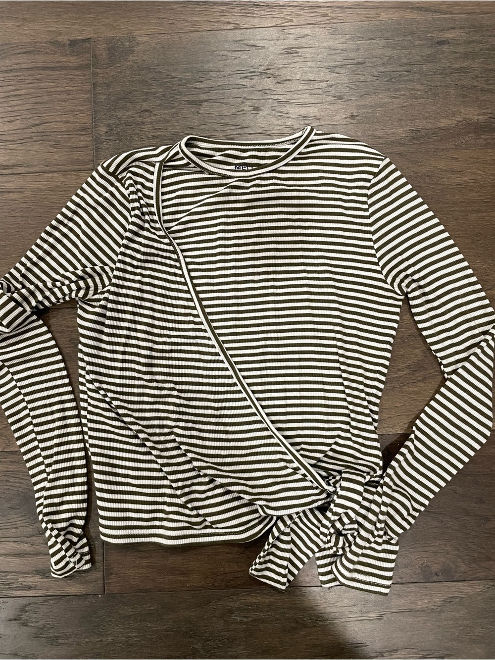 Meli by fame Striped Olive & White Tie-Waist Long-Sleeve Shirt